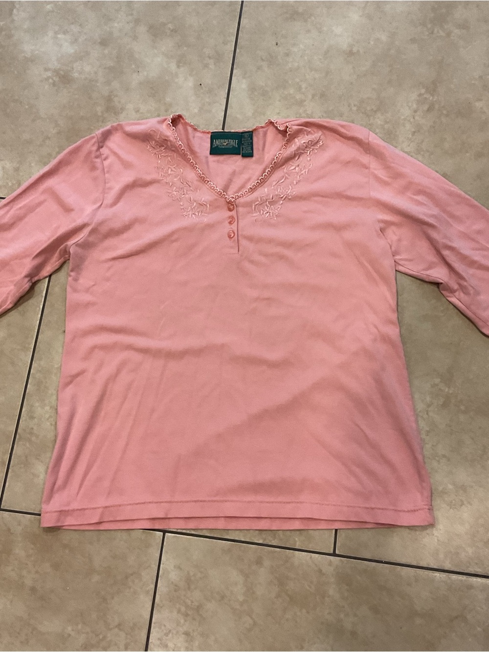Vintage American Eagle Pink Embroidered V-Neck Henley Top